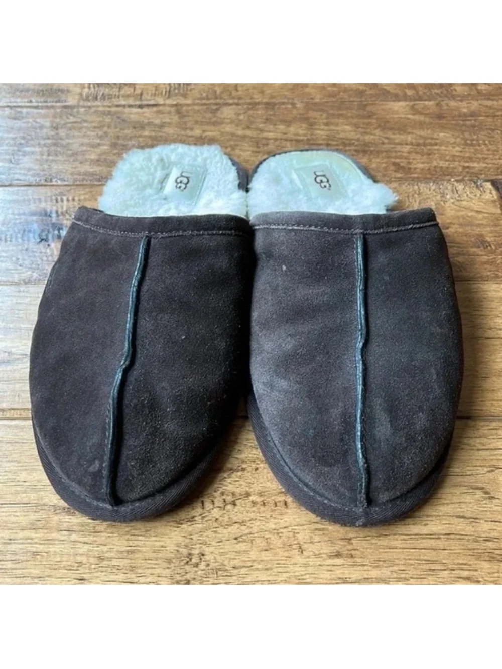 Ugg Scuff Slippers House Shoes Brown Suede Wool Shearling Lined Mens Size 10